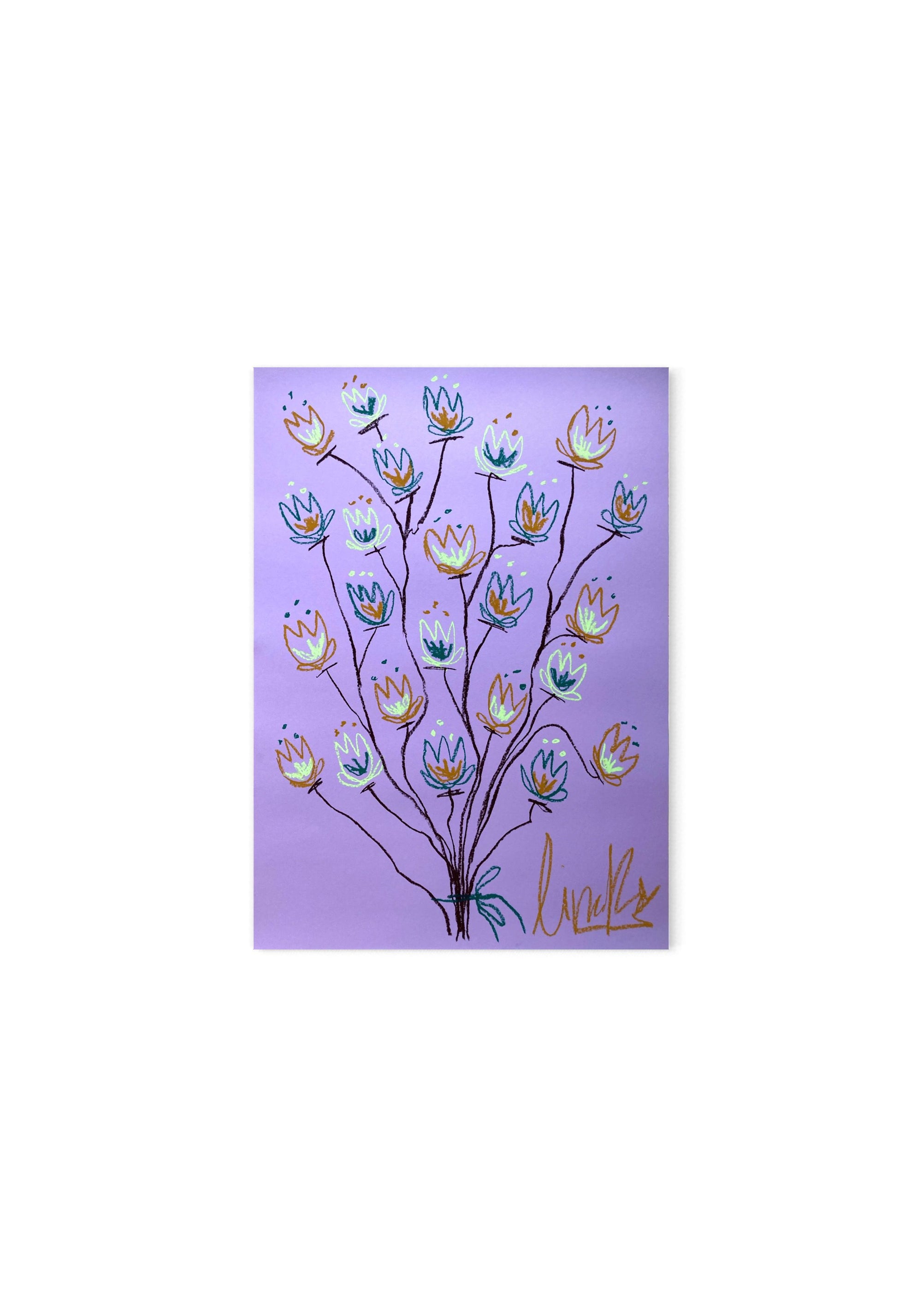 Brown and light green flowers on lavendel background  | Original painting 50x70cm