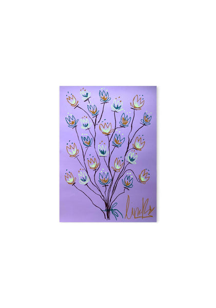 Brown and light green flowers on lavendel background  | Original painting 50x70cm