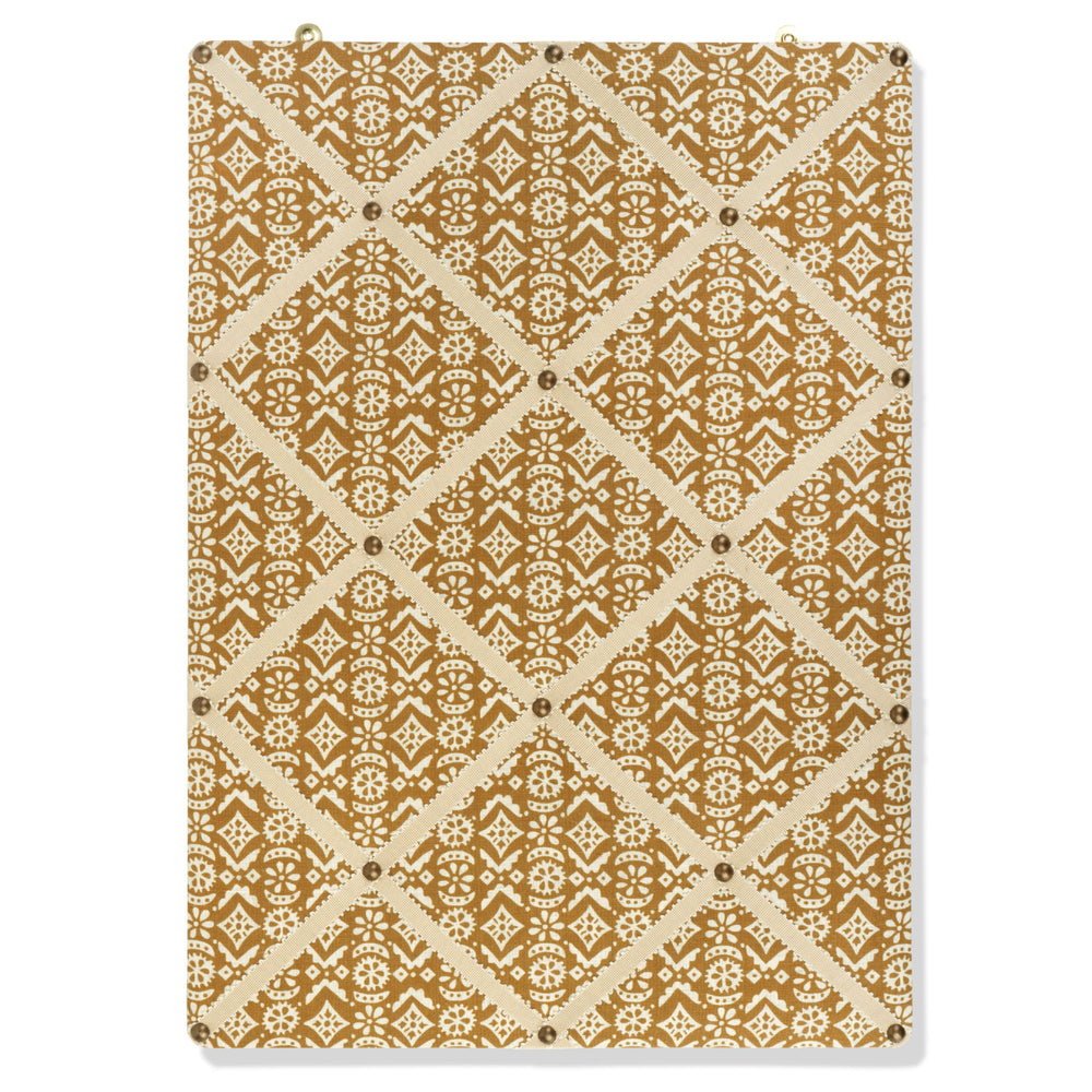 Ribboned Bulletin Board in Volga's Hawelka Print in Old Gold with Macadamia Trim
