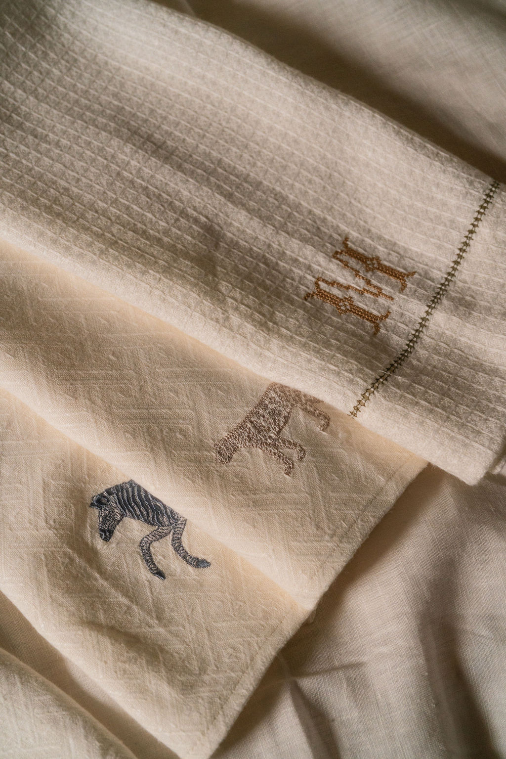 Personalised Liège Hand Towel in Ivory White Waffle with Olive Green Hemstitch
