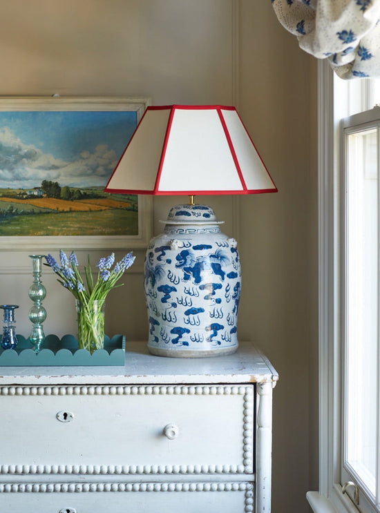 Hexagon Linen Lampshade, Red Trim - Large (US)