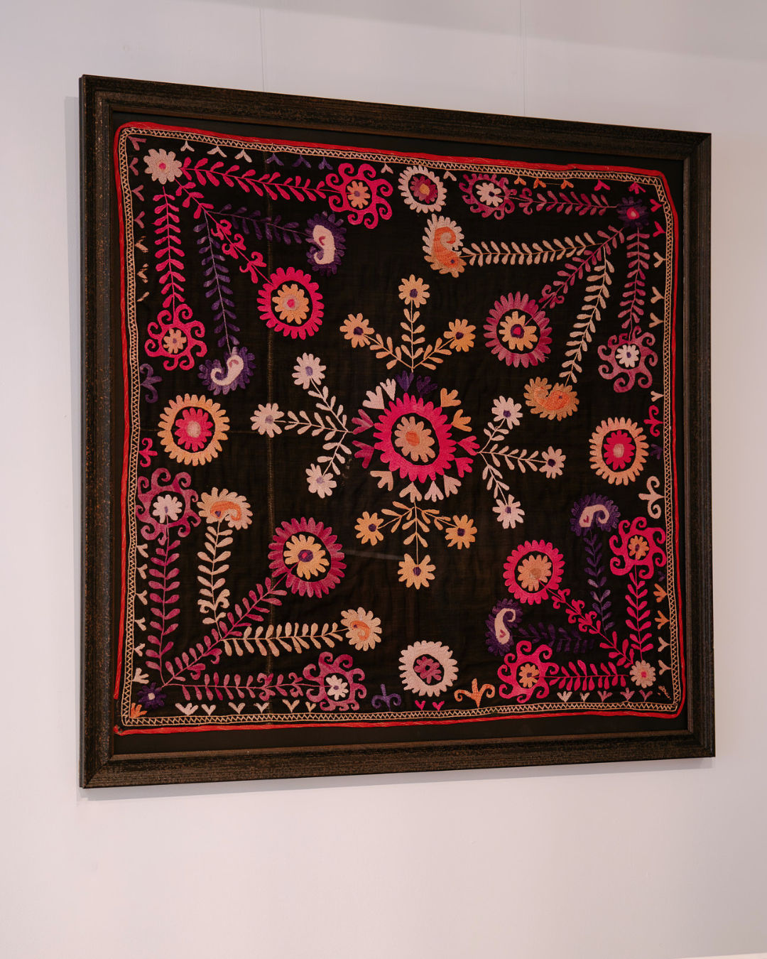 Framed Vintage Medium Black and Pink Suzani