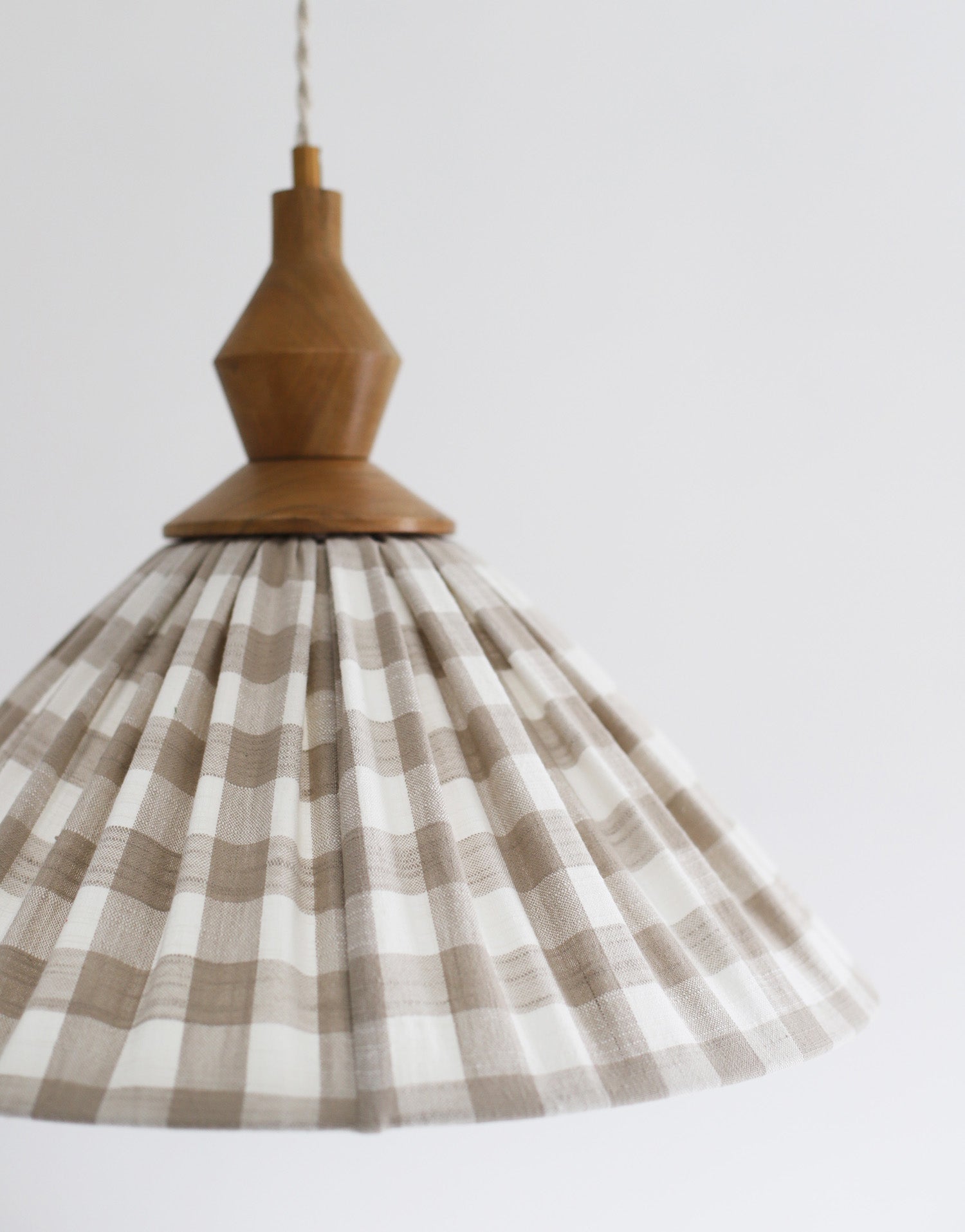 Olga Pleated Pendant Light in Beige Check Fabric with Turned Wood Finish