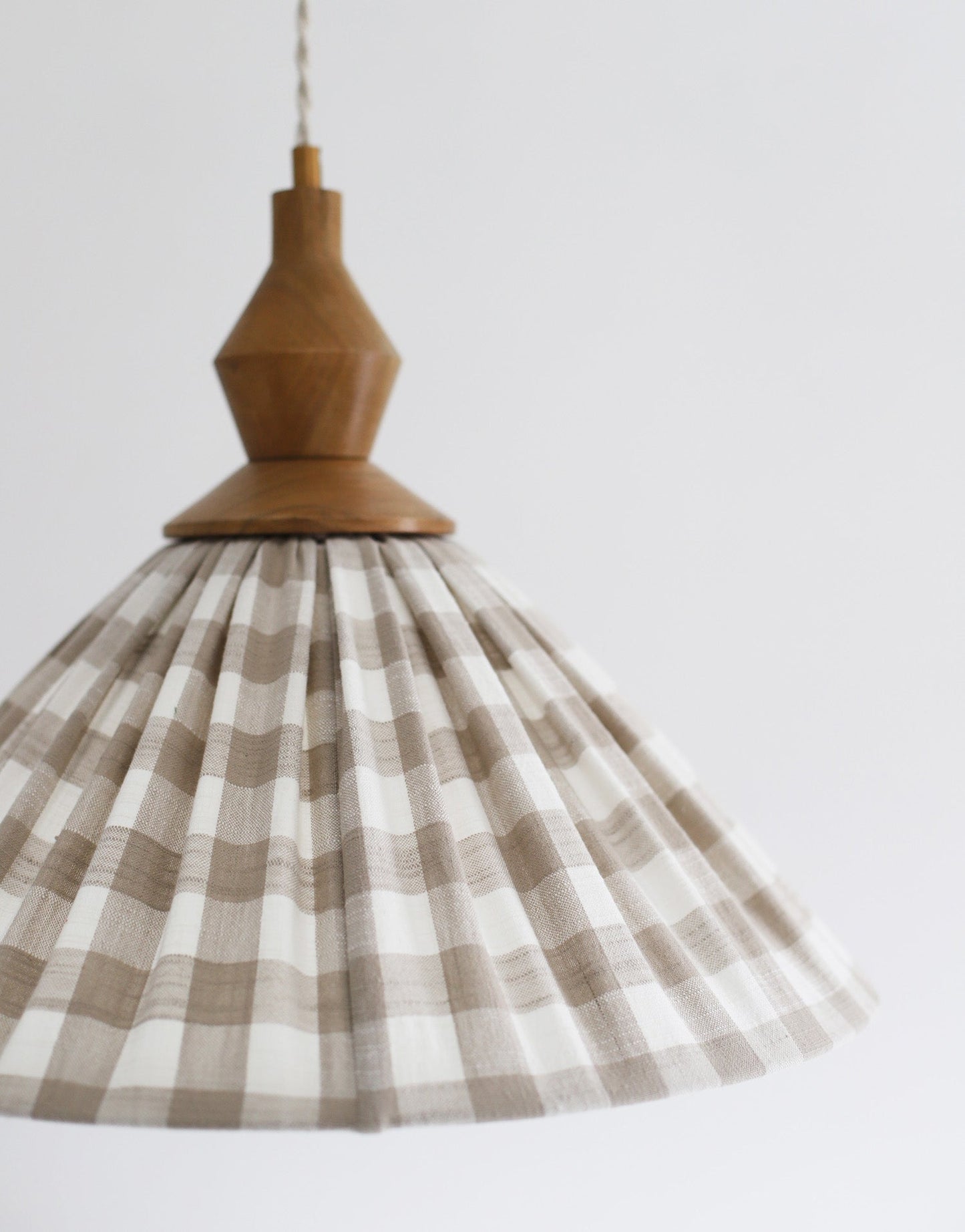 Olga Pleated Pendant Light in Beige Check Fabric with Turned Wood Finish