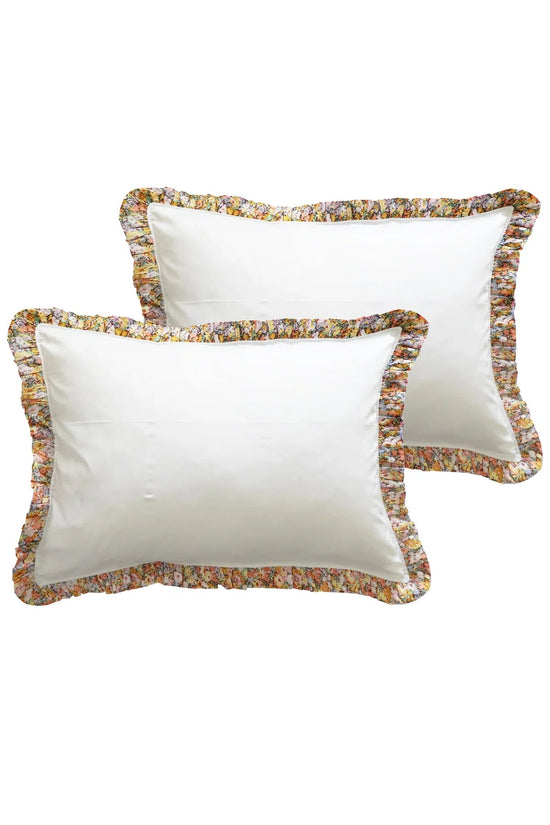 Frill Edge White Pillowcase made with Liberty Fabric THORPE YELLOW