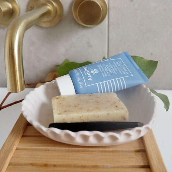 Large Handmade White Gloss Ceramic Soap Dish With Scalloped Edges.