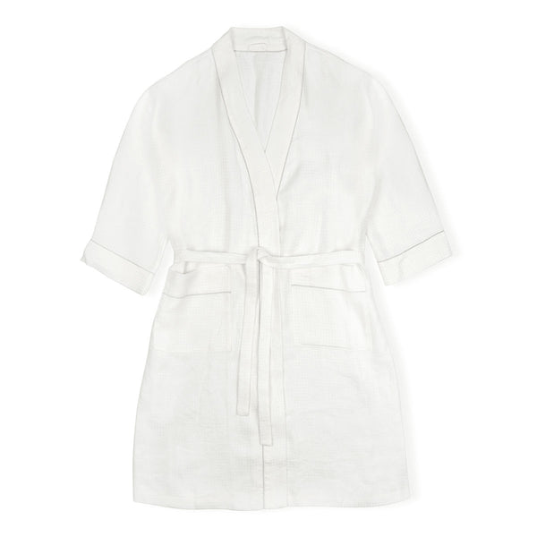 Liège Robe in Ivory White Waffle with Parma Grey Hemstitch