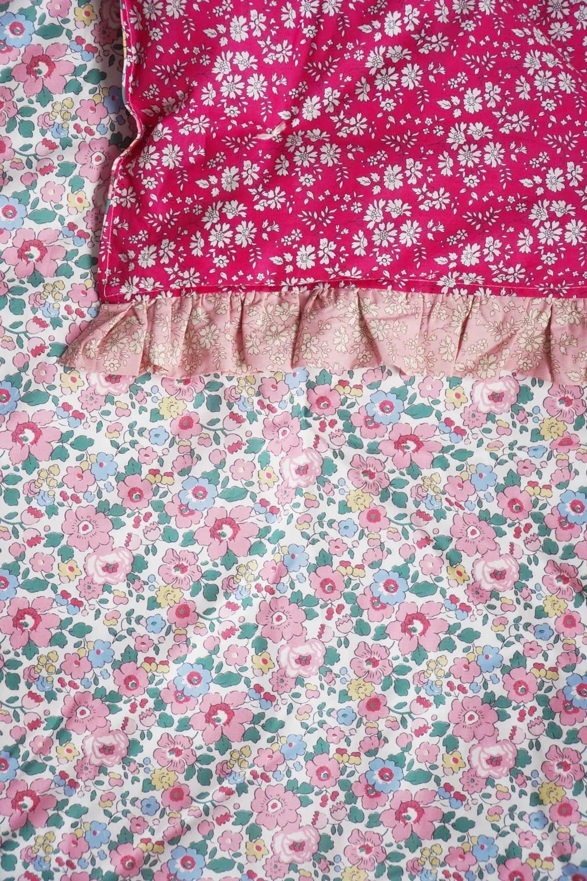 Reversible Ruffle Edge Heirloom Quilt made with Liberty Fabric Betsy Blossom Pink & Capel Pink