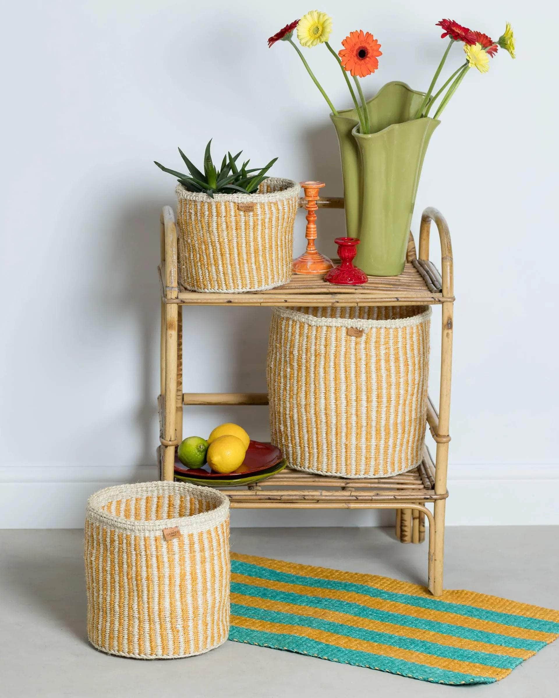 HOTUBA: Gold Pinstripe Woven Storage Basket