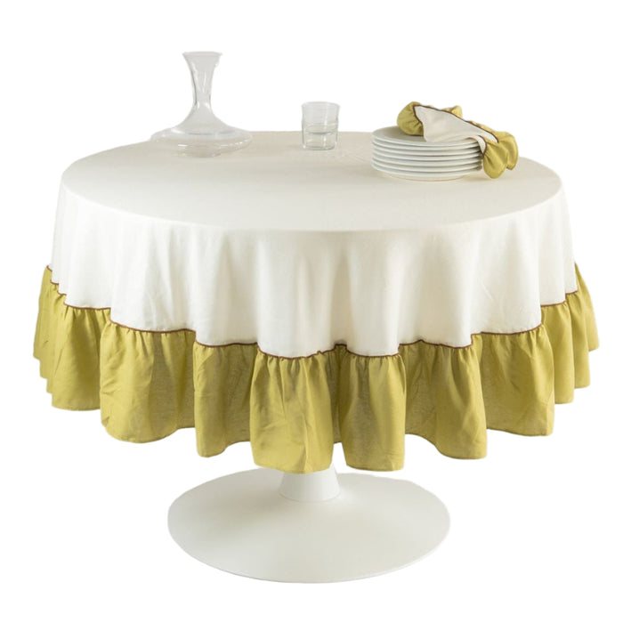 Round Ruffle Tablecloth, Ivory/Green