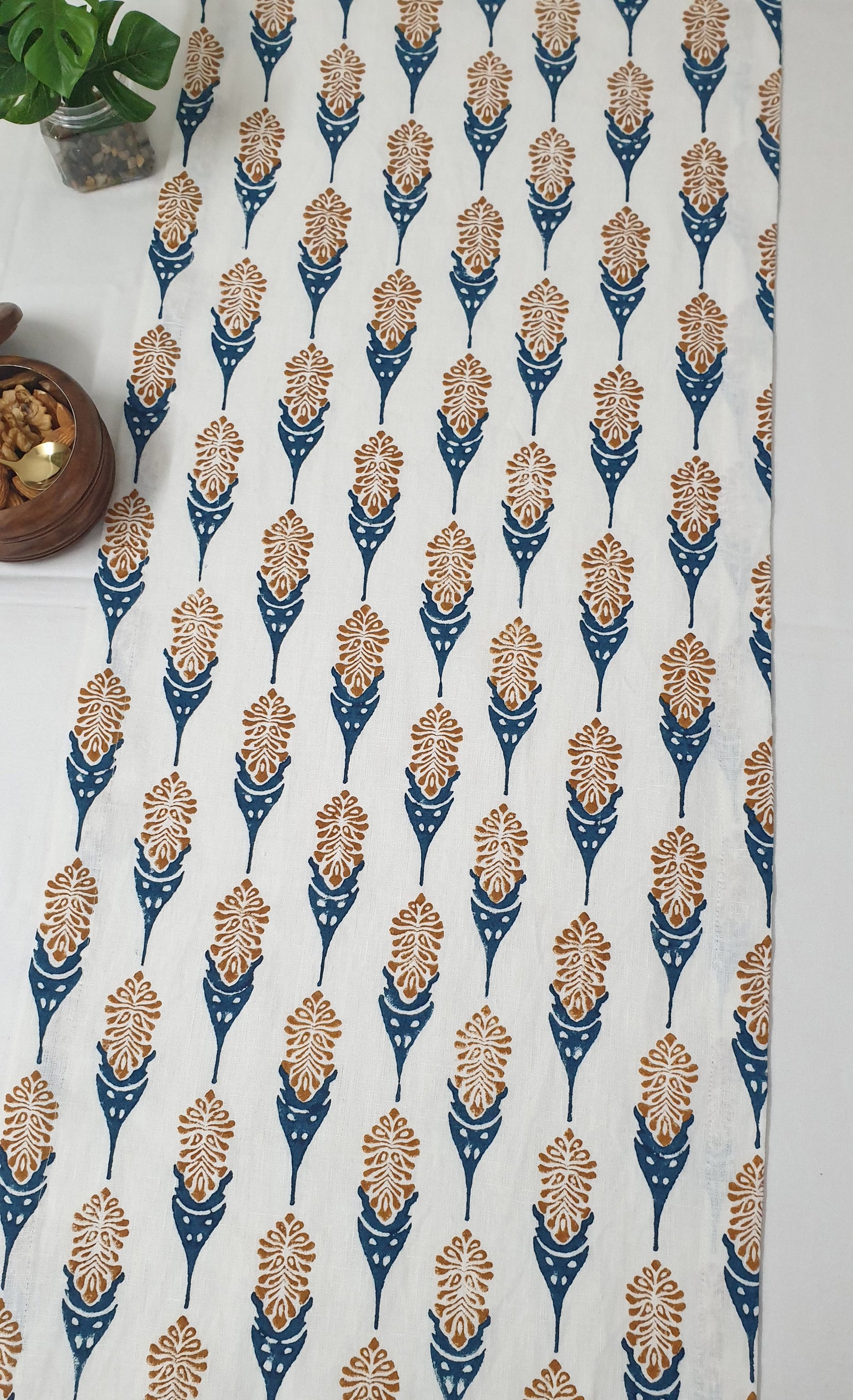 Bahaar Hand Printed Table Runner - Mustard & Blue