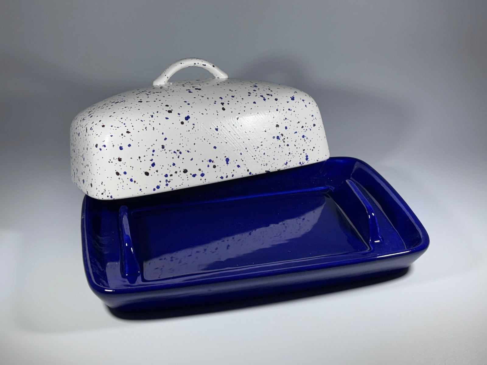 Speckled Blue Butter Dish with Handle