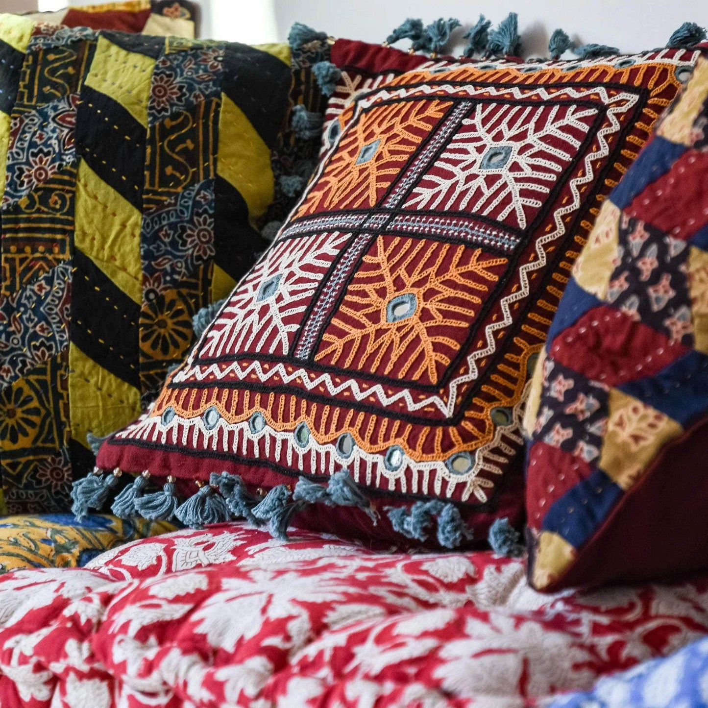 Mini Tassle Mirrorwork Cushion Cover