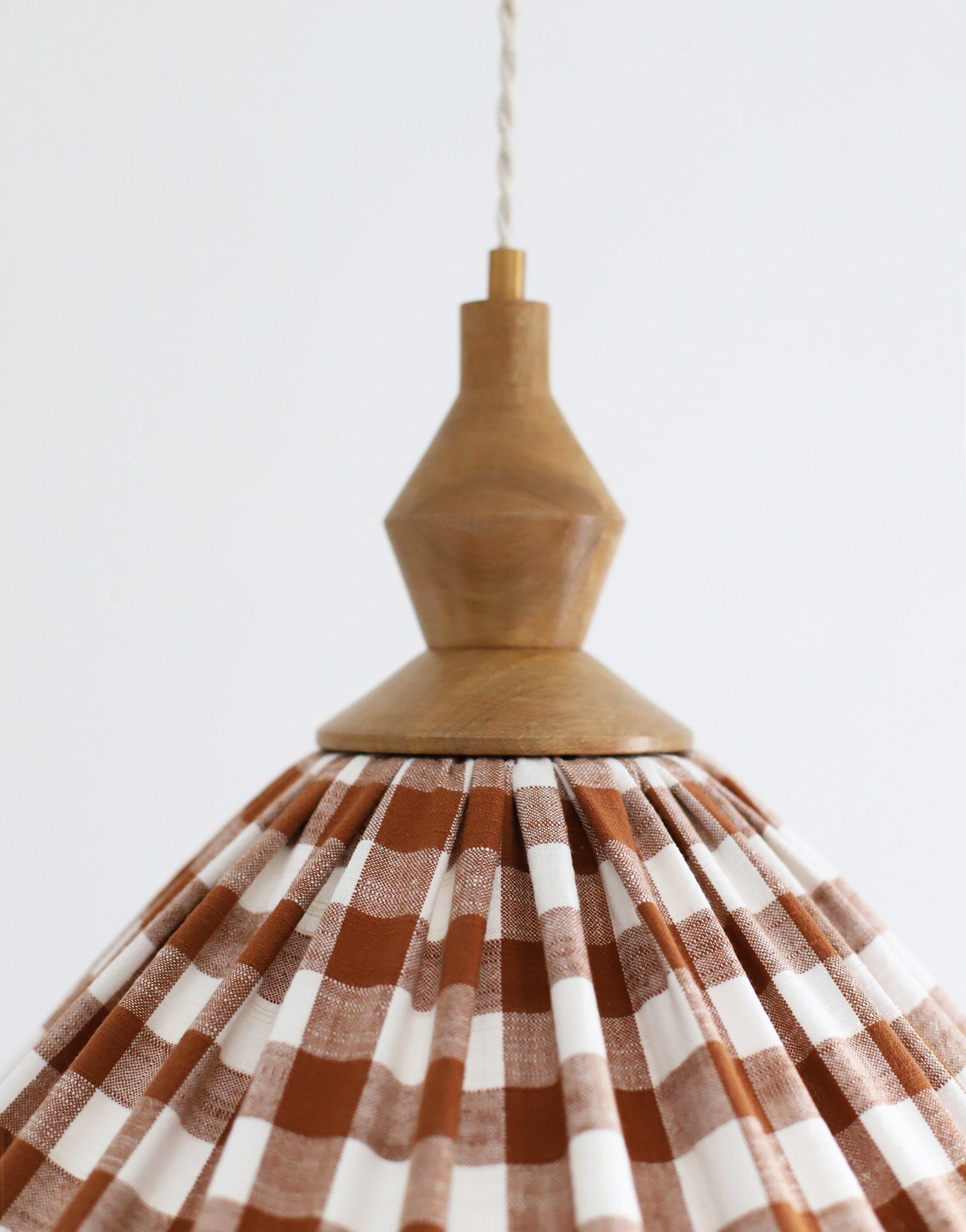 Olga Pleated Pendant Light in Terracotta Check Fabric with Turned Wood Finish