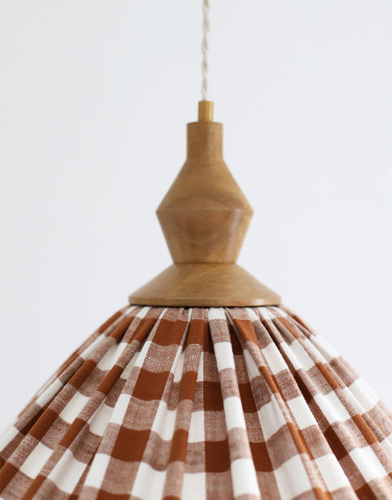 Olga Pleated Pendant Light in Terracotta Check Fabric with Turned Wood Finish