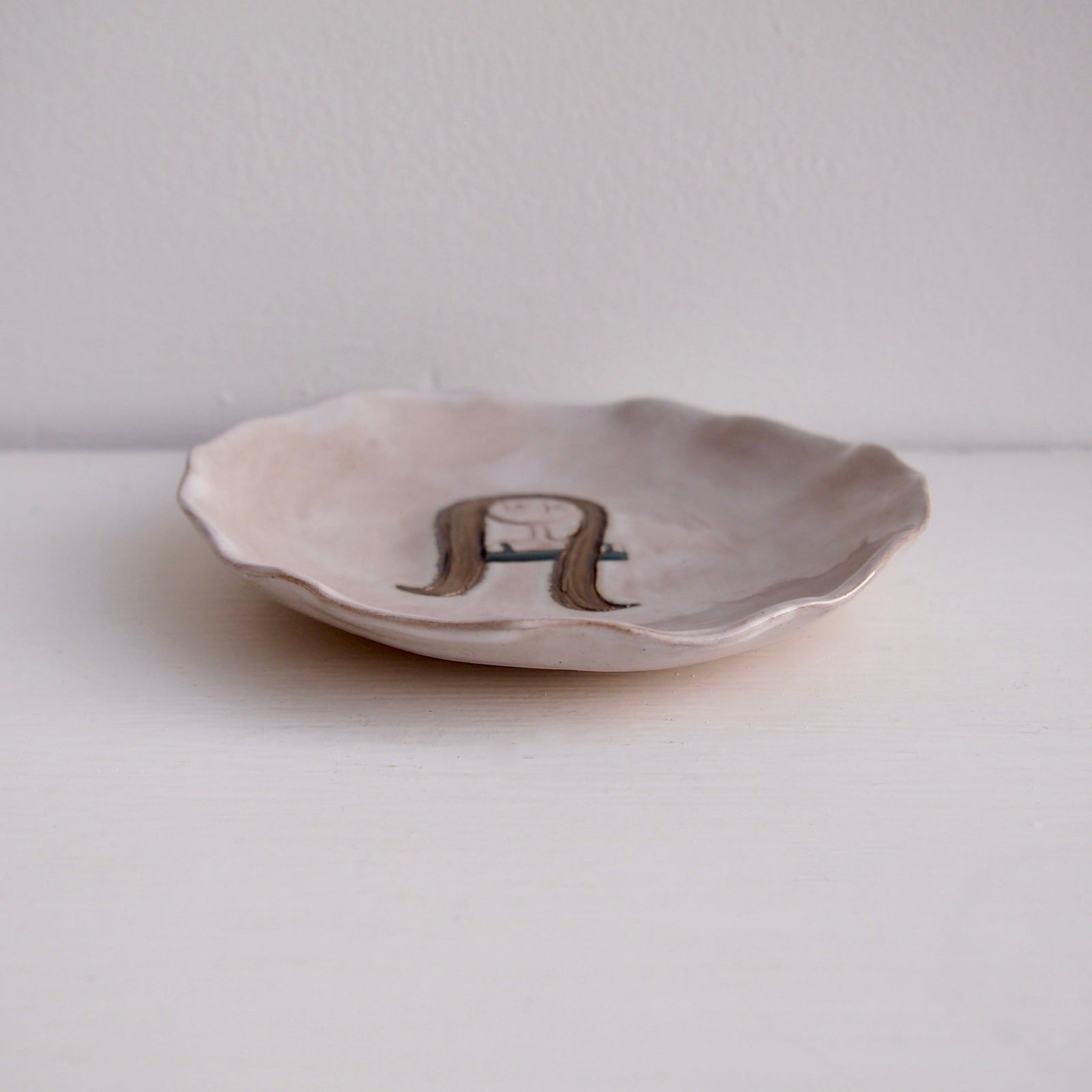 Girl with Long Gold Hair Mini Pottery Face Ring Dish /  Plate