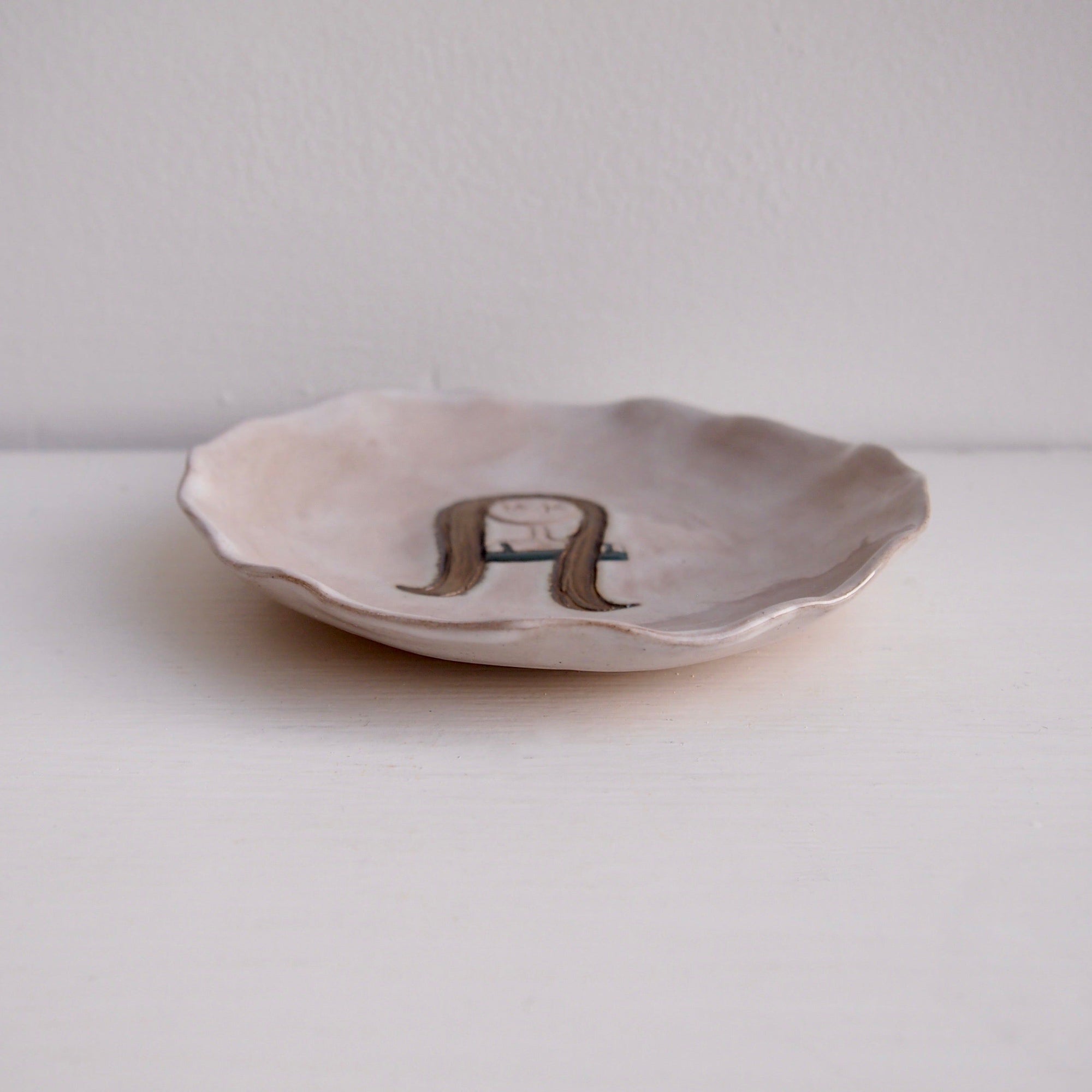 Girl with Long Gold Hair Mini Pottery Face Ring Dish /  Plate