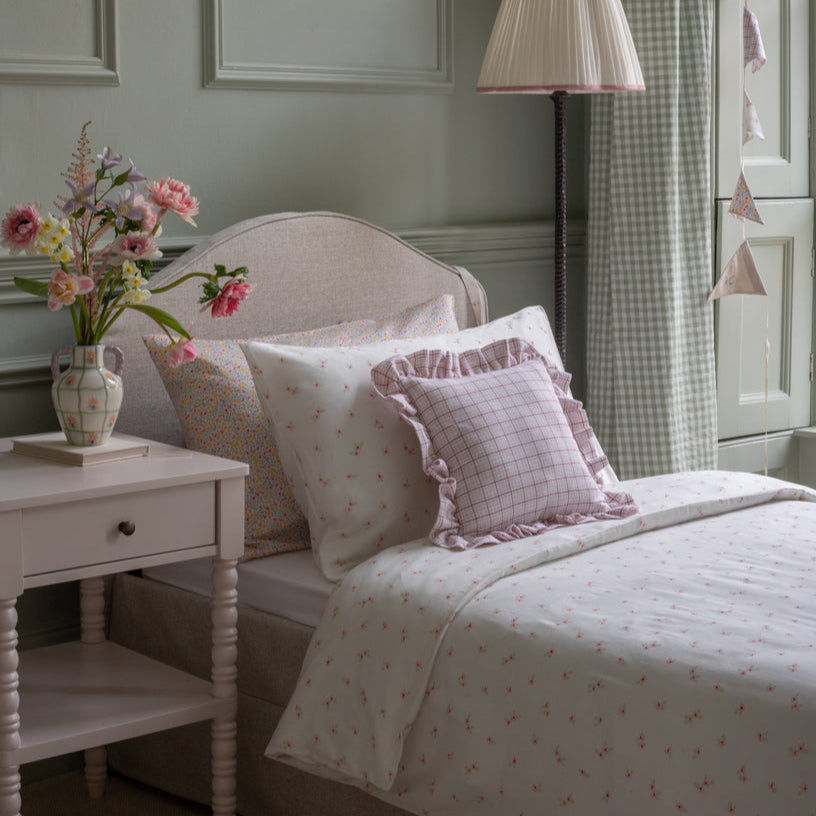 Square Linen Frill Cushion - Pink Check