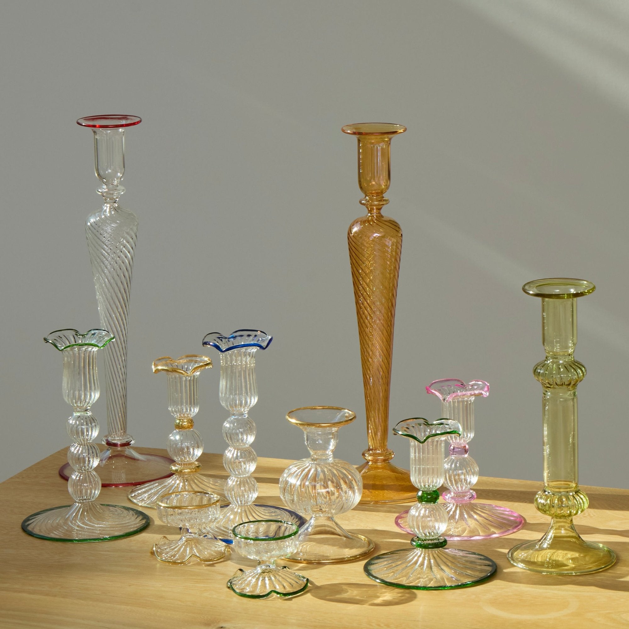 Green Rimmed Glass Pompom Candlestick (set of 2)