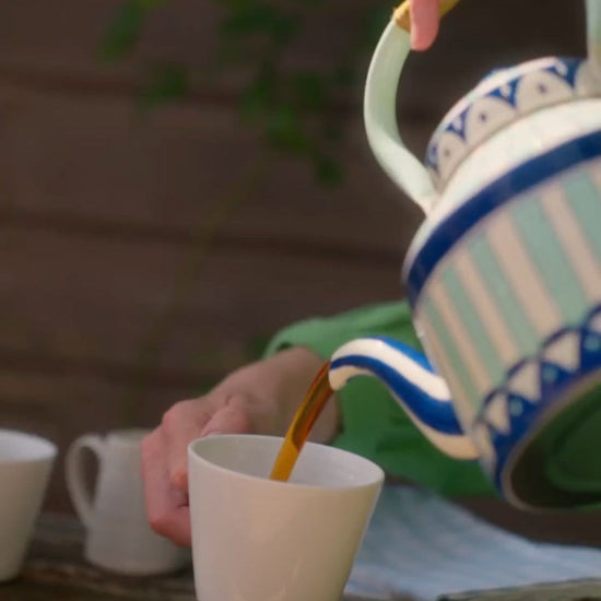 Hand Painted Tea Kettle | Blues and White | Striped