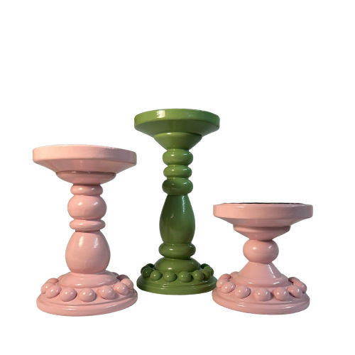 Pair of Light Green Bobbin Candle Holders (Large)