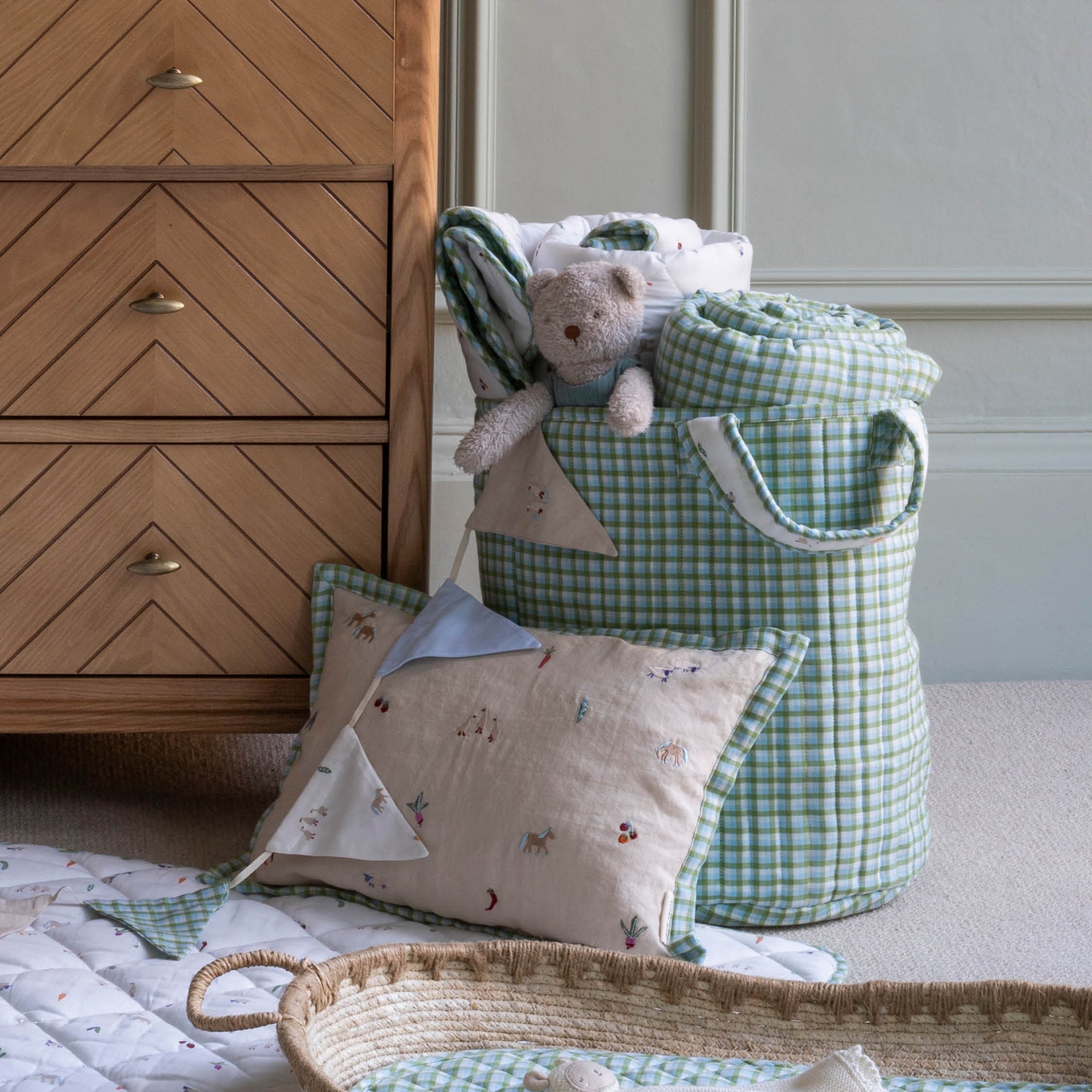 Large Quilted Storage Basket - Greenhouse Gingham / Little Farm