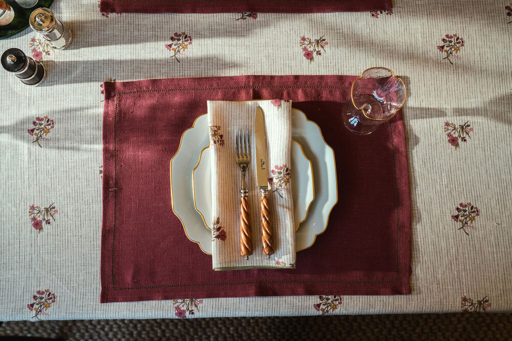 Scarlet Flax & Field Posy Pinstripe Printed Tablecloth