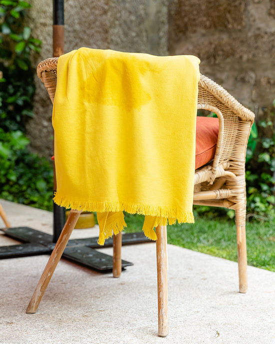 Cotton Beach Towel with Frayed Edge - Mustard