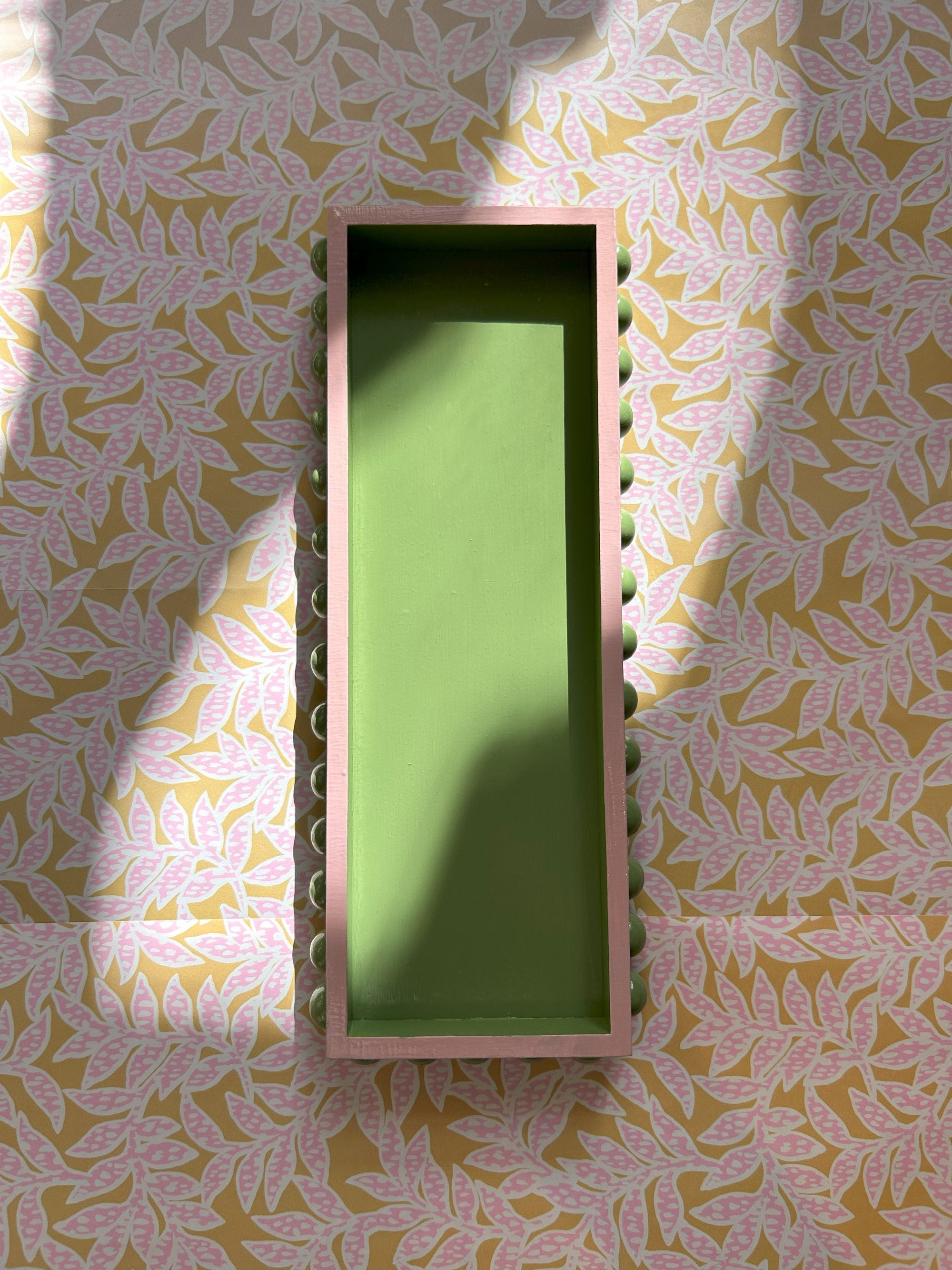 Green Bobbin Style Decorative Tray with Pink Edge