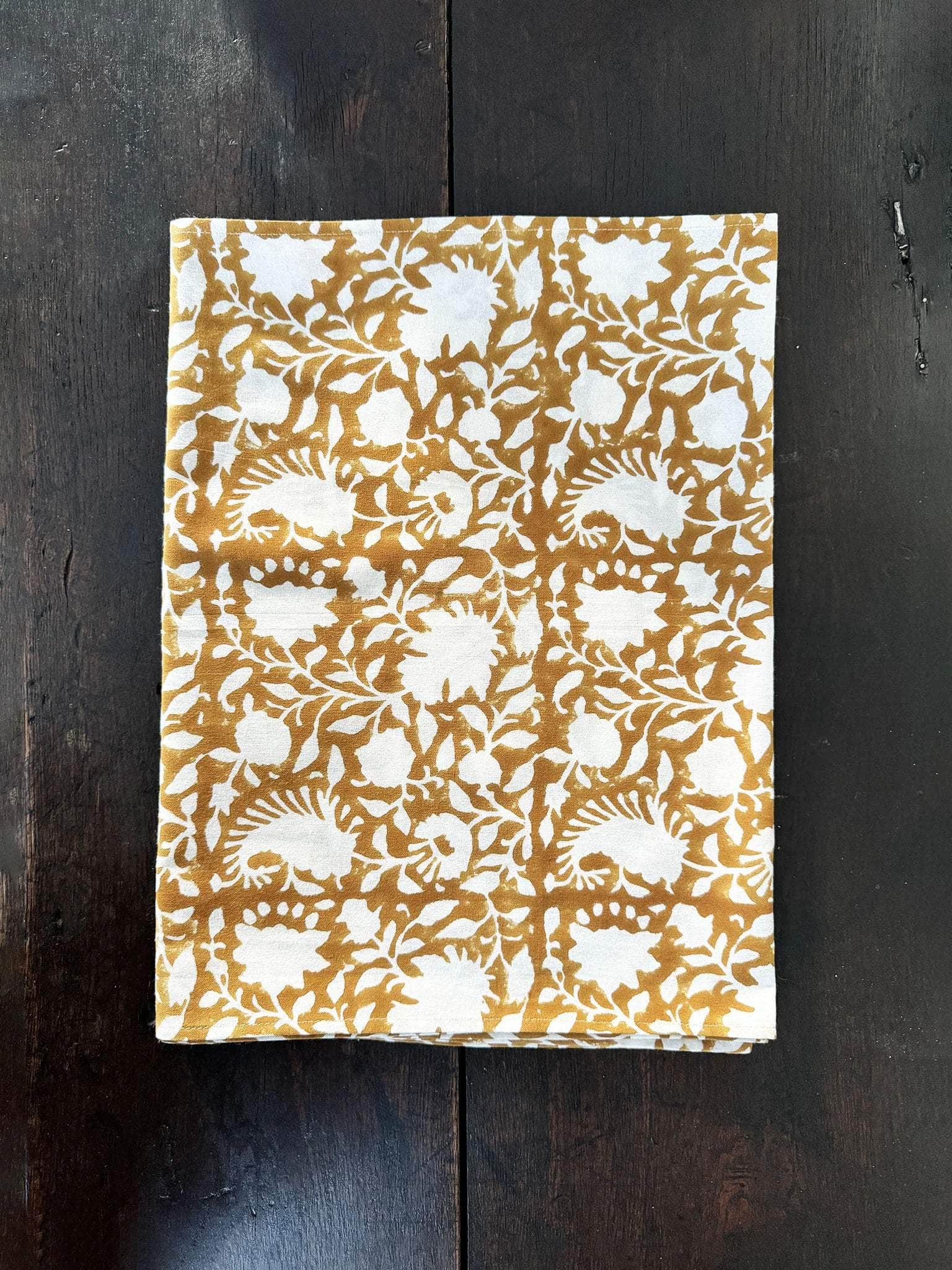 Block Printed Table Runner, Secret Garden in Ochre