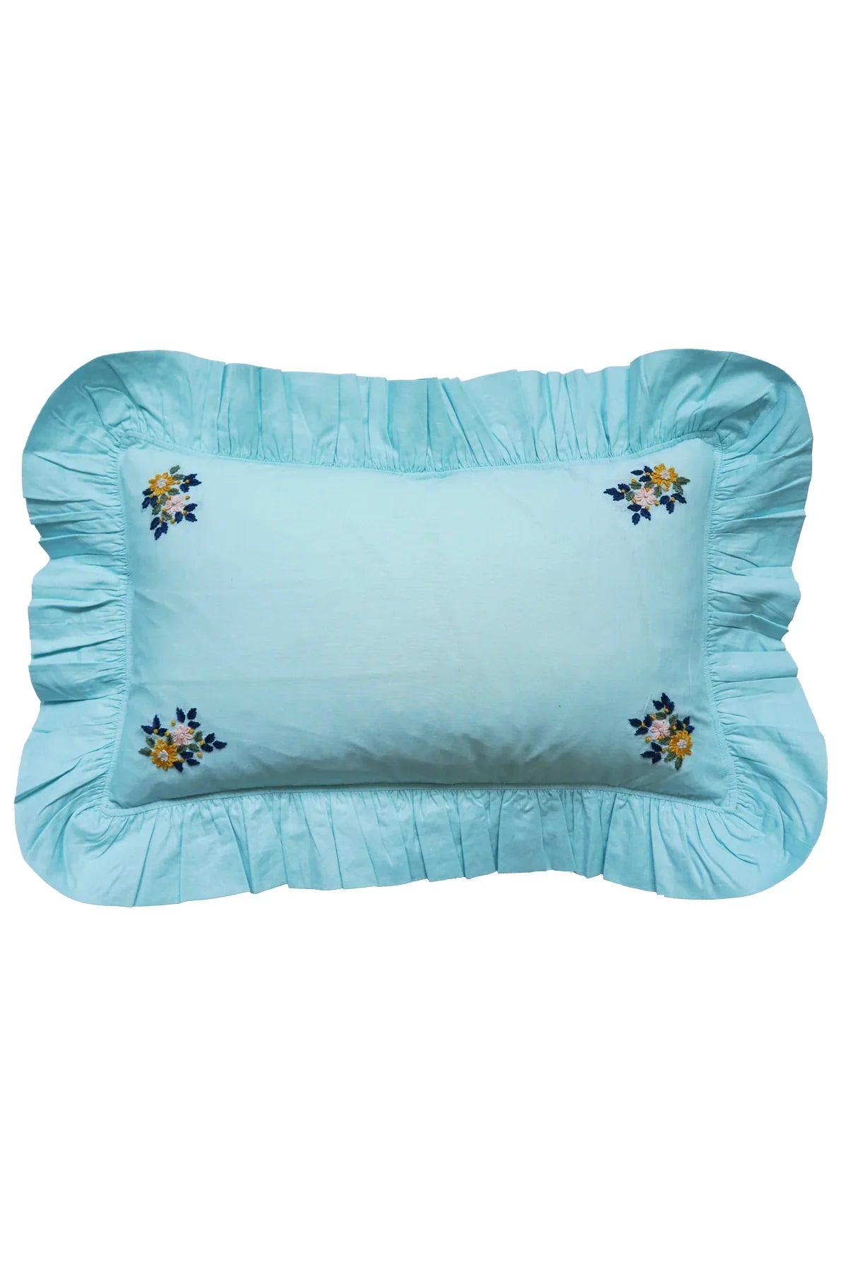 Embroidered Ruffle Oblong Cushion made with Linen Liberty Fabric SEA SPRAY