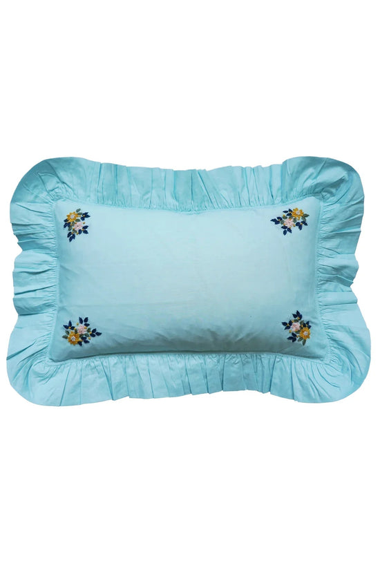 Embroidered Ruffle Oblong Cushion made with Linen Liberty Fabric SEA SPRAY