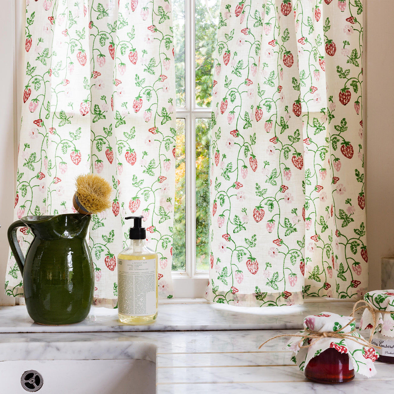 Strawberry Block Printed Fabric Linen/Cotton Grass