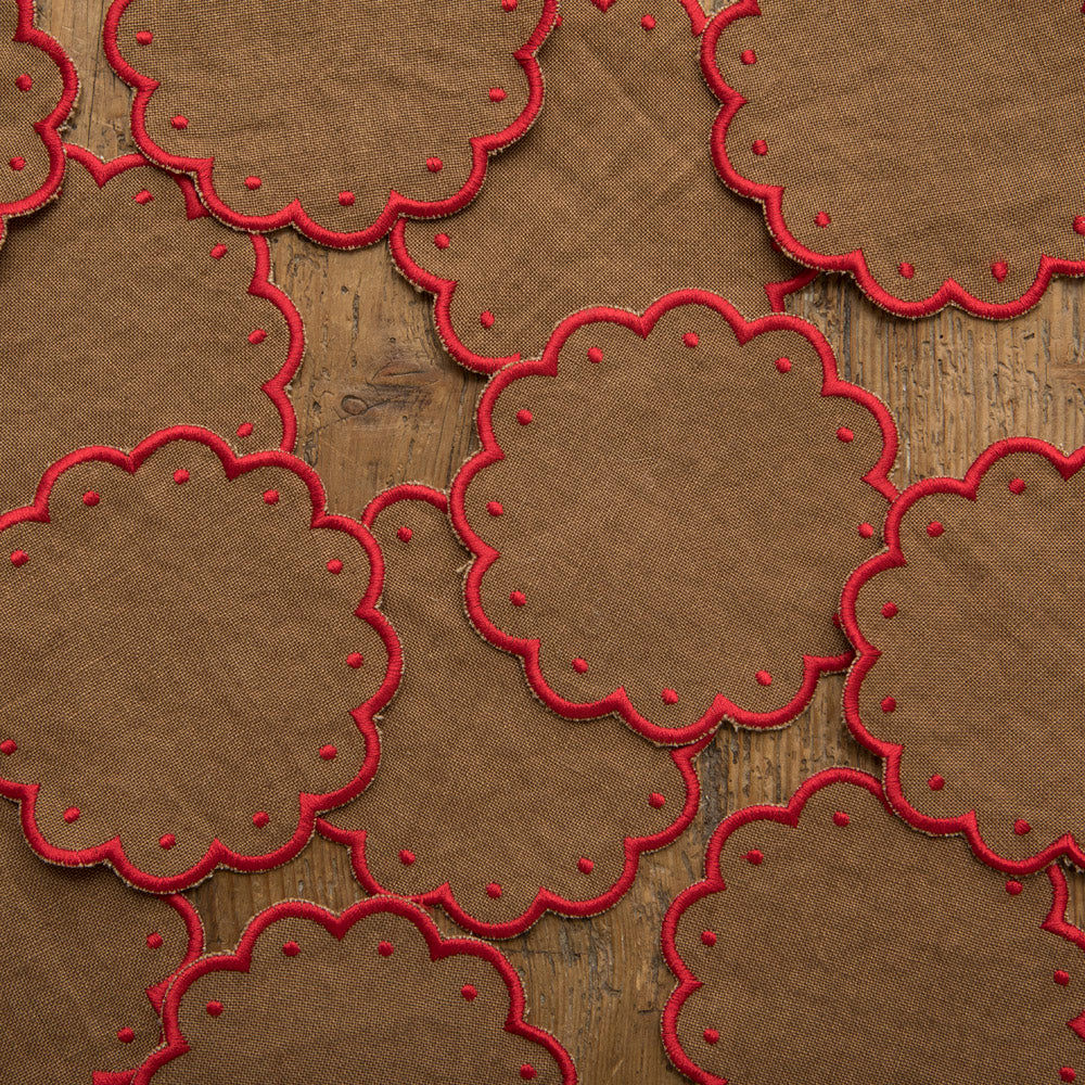 Set of 12 Wavy Cocktail Napkins with Dots - Brown / Red