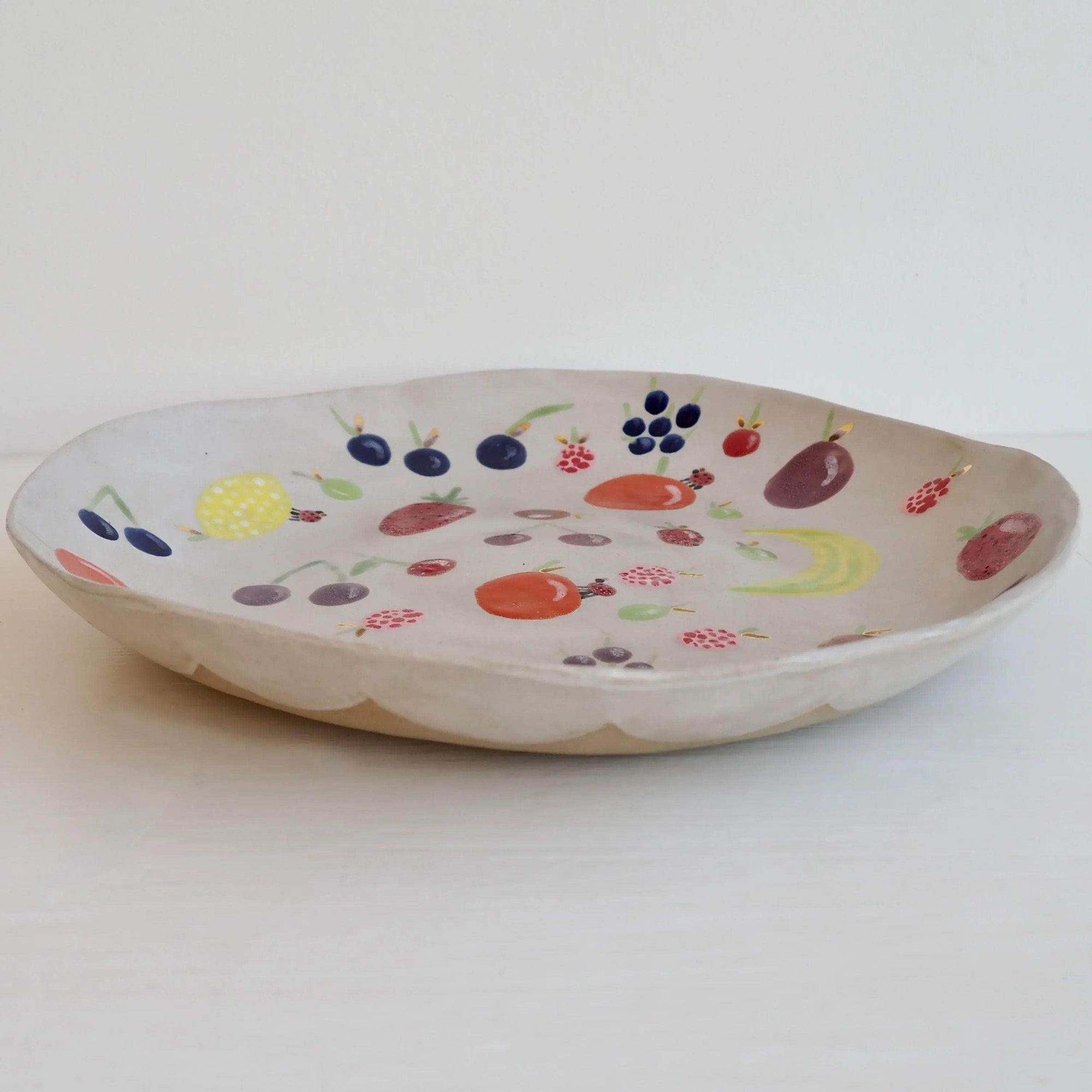 Handmade Large Ceramic Fruit Bowl with Illustrated Fruits