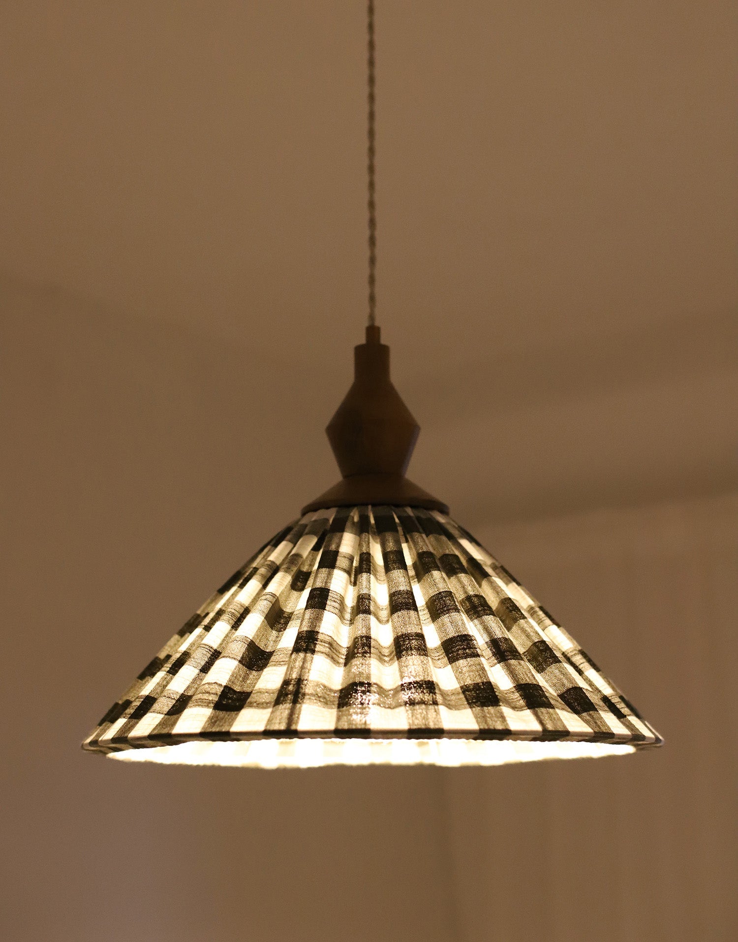 Olga Pleated Pendant Light in Khaki Check Fabric with Turned Wood Finish
