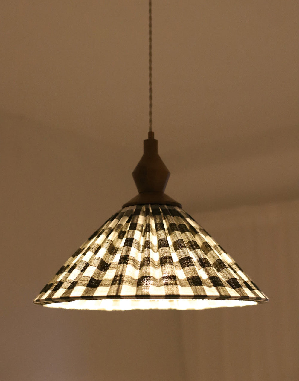 Olga Pleated Pendant Light in Khaki Check Fabric with Turned Wood Finish