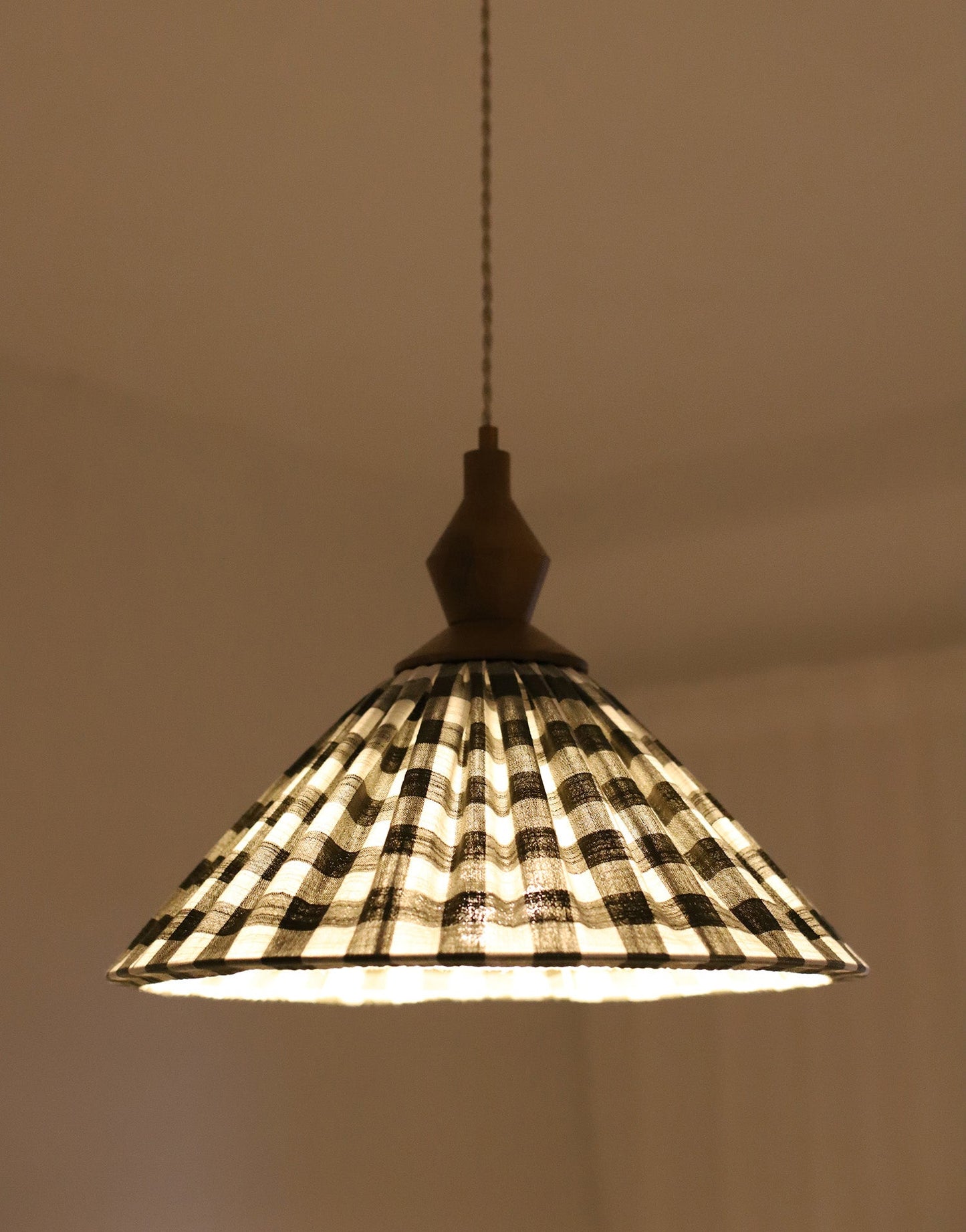 Olga Pleated Pendant Light in Khaki Check Fabric with Turned Wood Finish