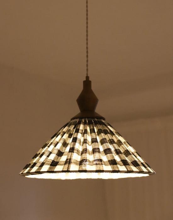 Olga Pleated Pendant Light in Khaki Check Fabric with Turned Wood Finish