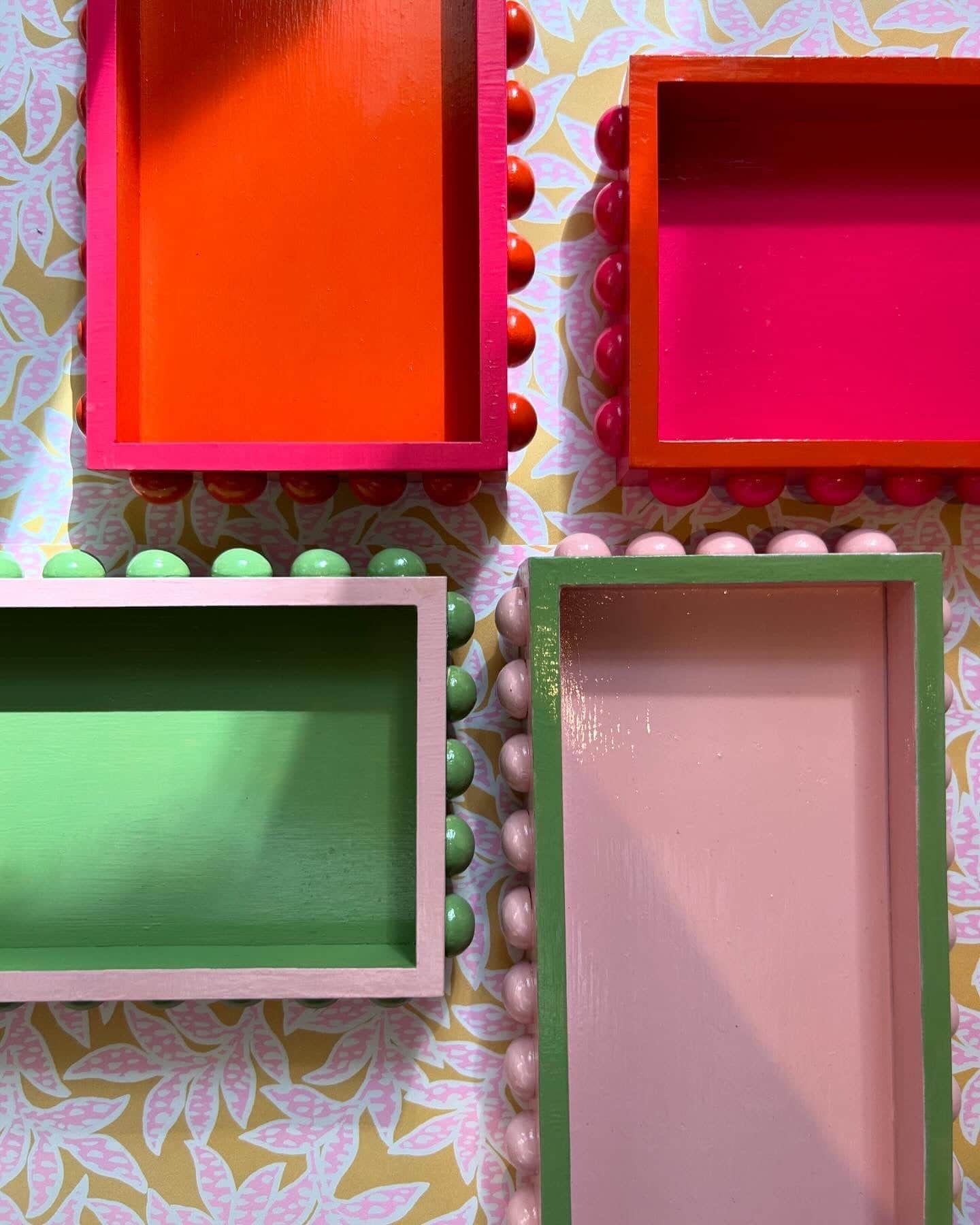 Pink Bobbin Style Decorative Tray with Green Edge