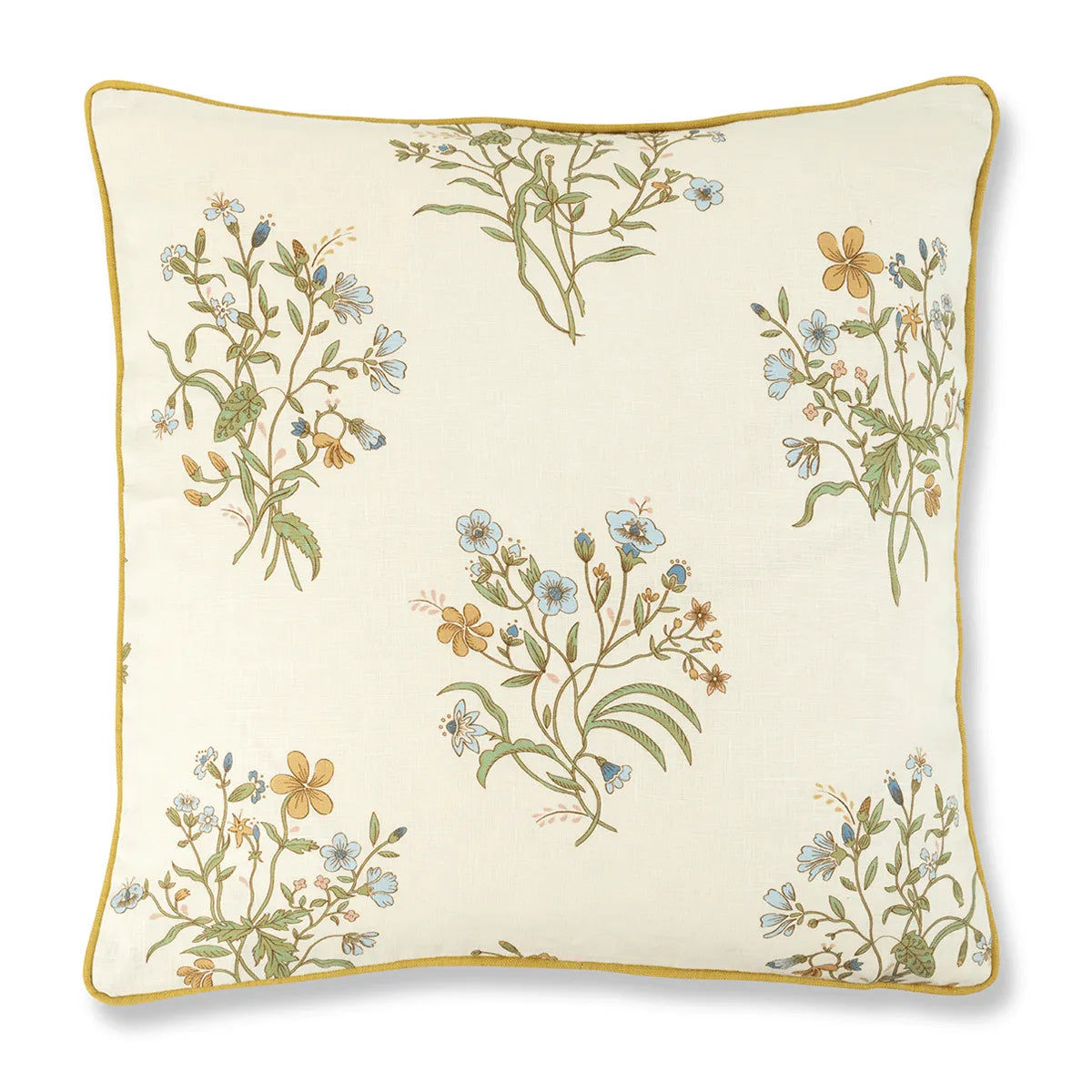 Flax & Field Flower Cushion with Contrast Reverse and Ochre Trim