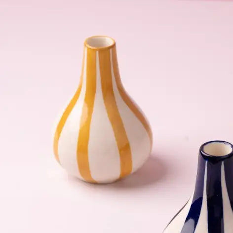 Ceramic Stripe Bud Vase, Yellow-  3.5 x 3.5 x 4.75 Inches , Set of 2