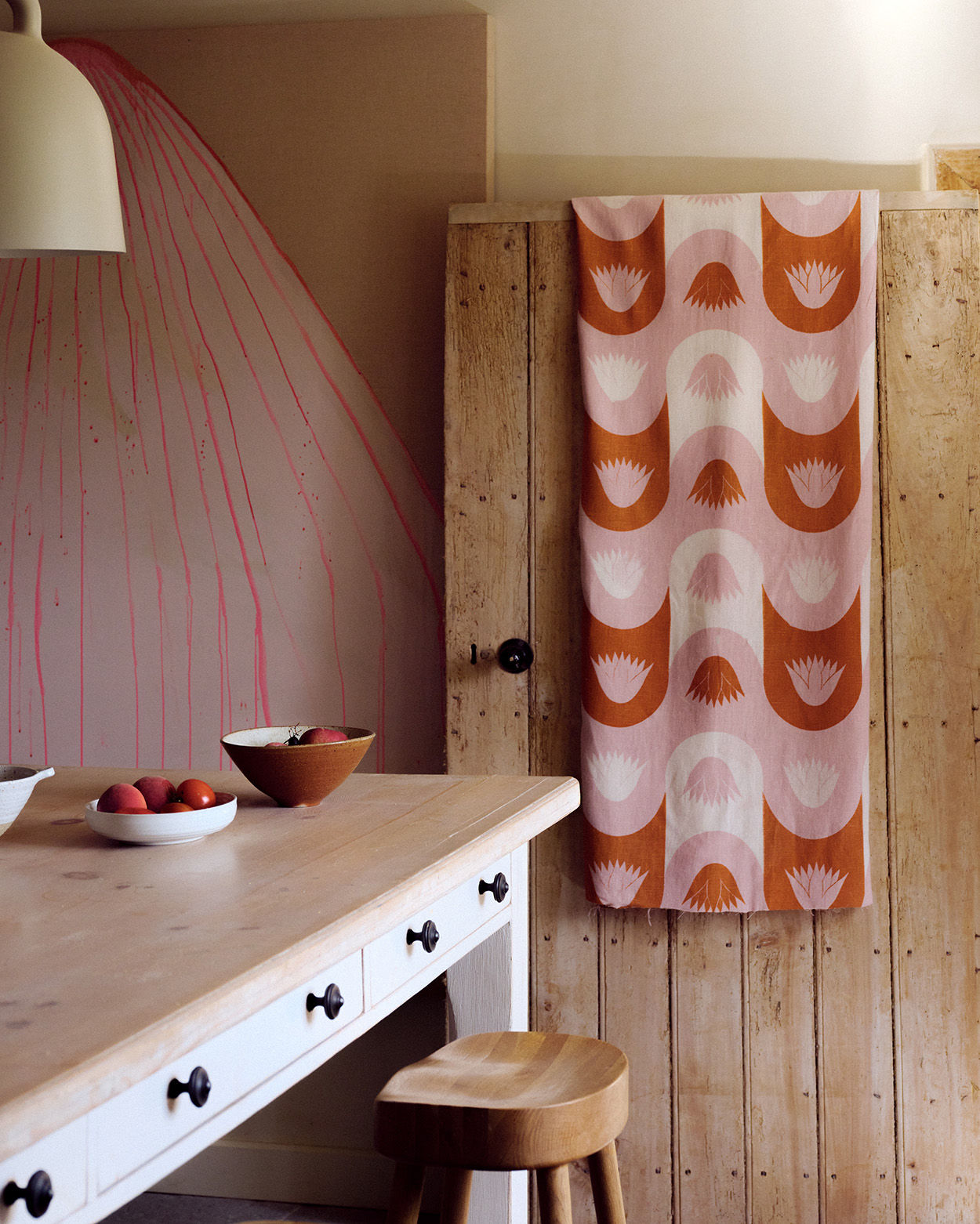Papyrus Stripe Fabric (Orange and White on Dusty Pink)