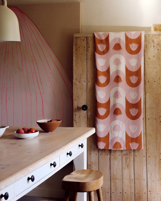 Papyrus Stripe Fabric (Orange and White on Dusty Pink)