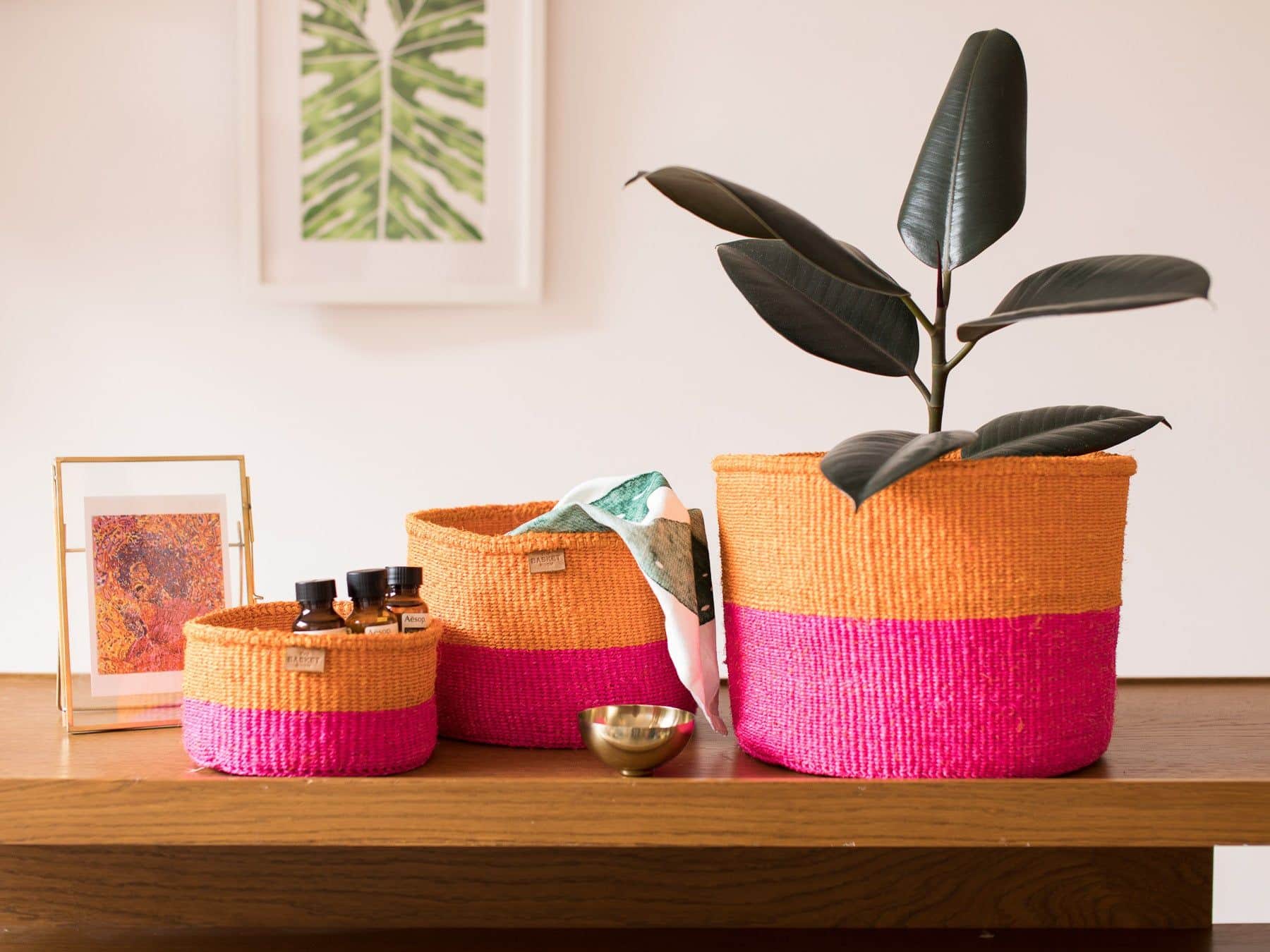 KALI: Orange & Neon Pink Duo Colour Block Woven Basket