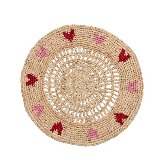 Handwoven Heart Raffia Placemat – Artisan Table Décor with Red & Pink Hearts