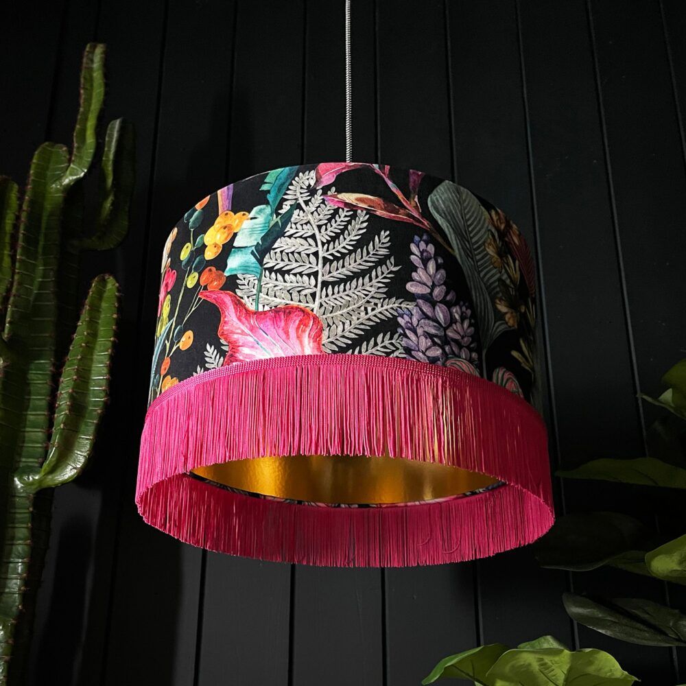 Acid Jungle Lampshade With Gold Lining and Hot Pink Fringing