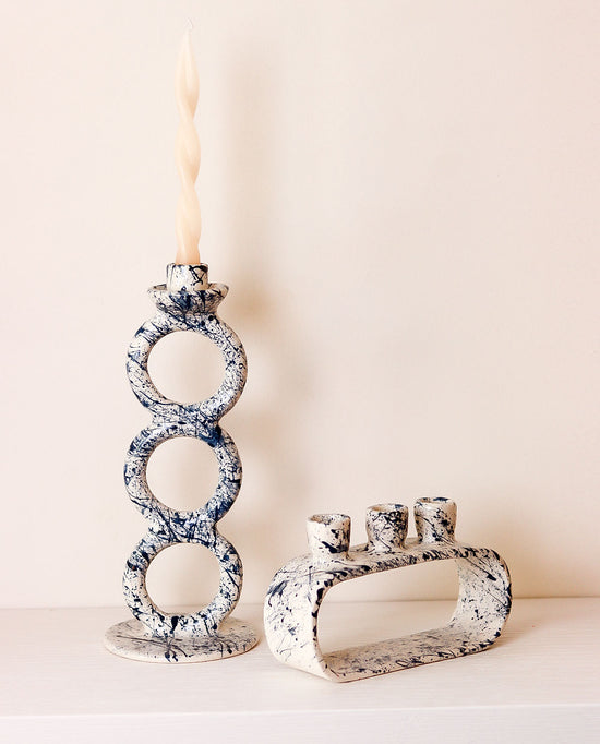 Handmade Ceramic Candlestick Blue Splash
