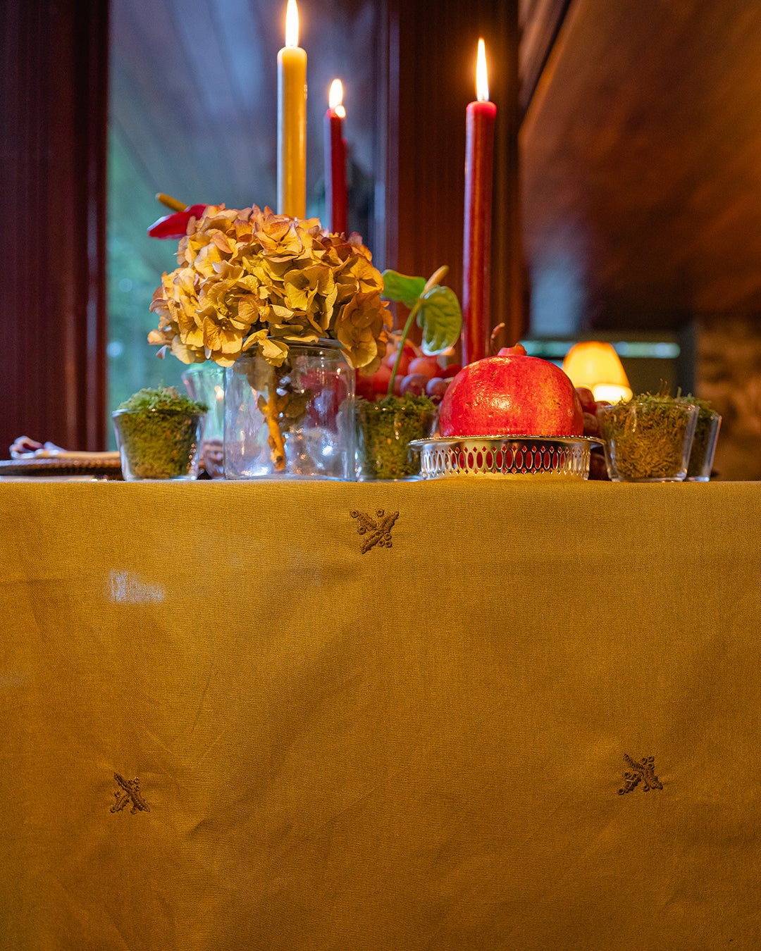 Embroidered Tablecloth with Green Holly