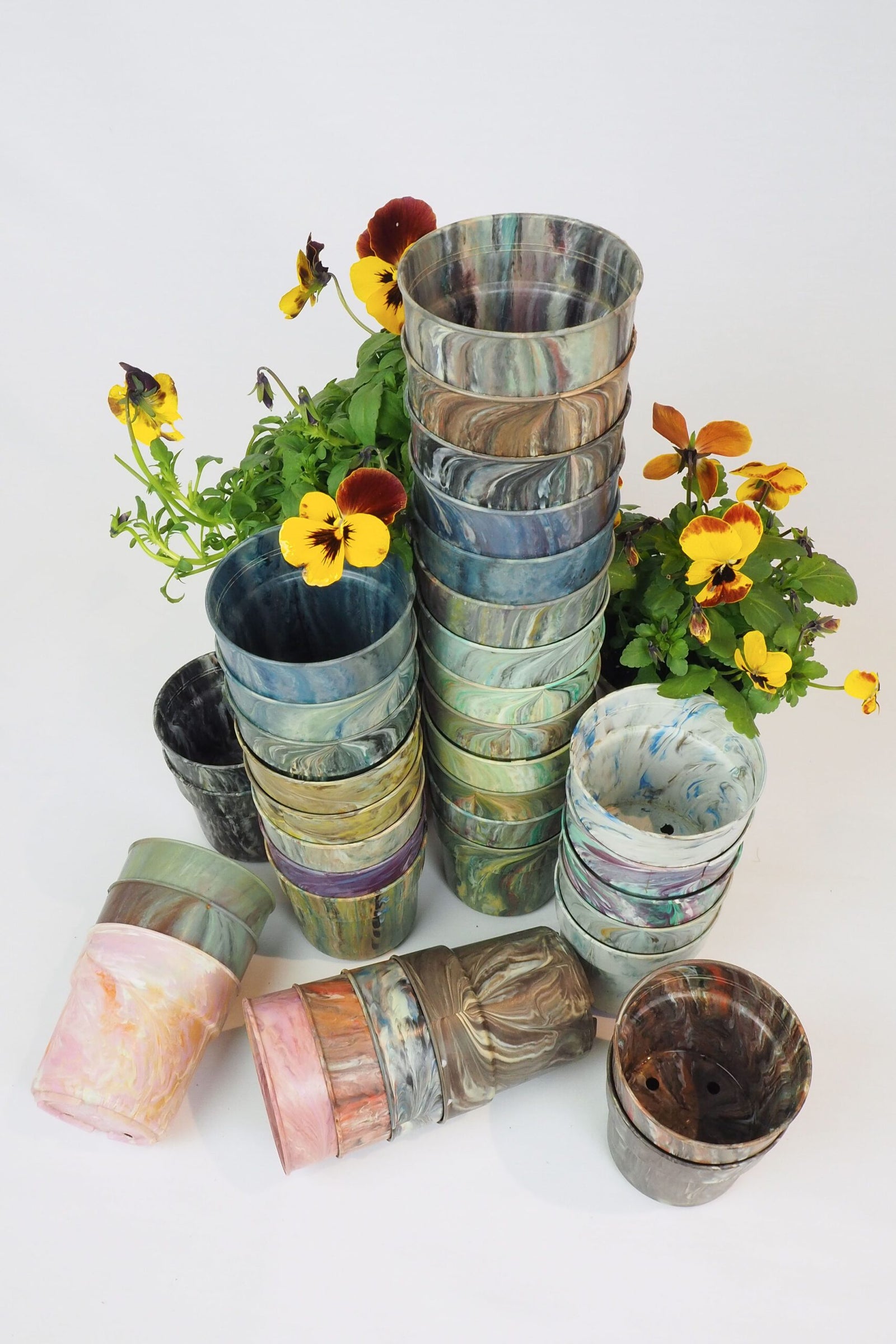 3 Vintage Marbled Plant Pots